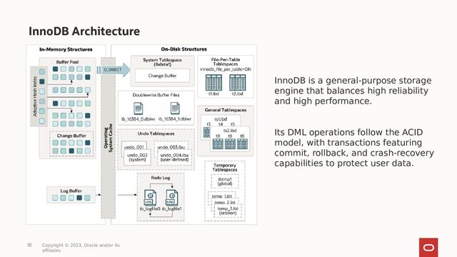18
InnoDB Architecture
Copyright © 2023, Oracle and/or its
affiliates
InnoDB is a general-purpose storage
engine that balances high reliability
and high performance.
Its DML operations follow the ACID
model, with transactions featuring
commit, rollback, and crash-recovery
capabilities to protect user data.
