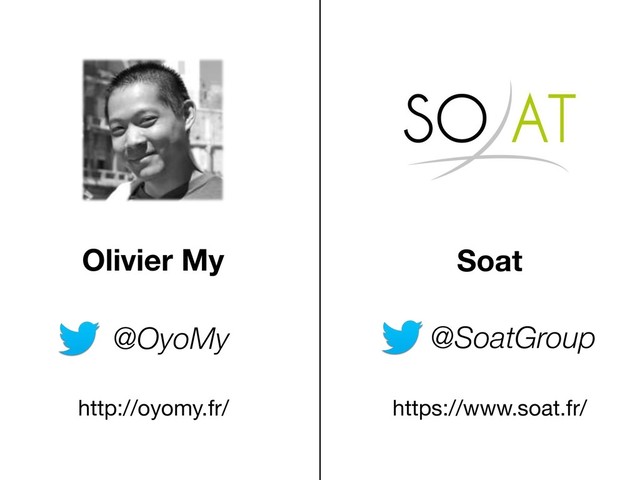 Olivier My
@OyoMy @SoatGroup
https://www.soat.fr/
http://oyomy.fr/
Soat
