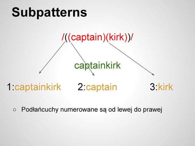 Subpatterns
/((captain)(kirk))/
captainkirk
2:captain 3:kirk
○ Podłańcuchy numerowane są od lewej do prawej
1:captainkirk
