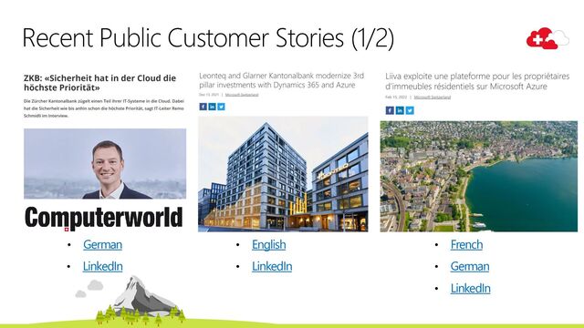 Recent Public Customer Stories (1/2)
• English
• LinkedIn
• German
• LinkedIn
• French
• German
• LinkedIn
