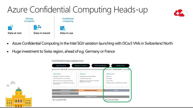 Azure Confidential Computing Heads-up
• Azure Confidential Computing in the Intel SGX variation launching with DCsv3 VMs in Switzerland North
• Huge investment to Swiss region, ahead of e.g. Germany or France

