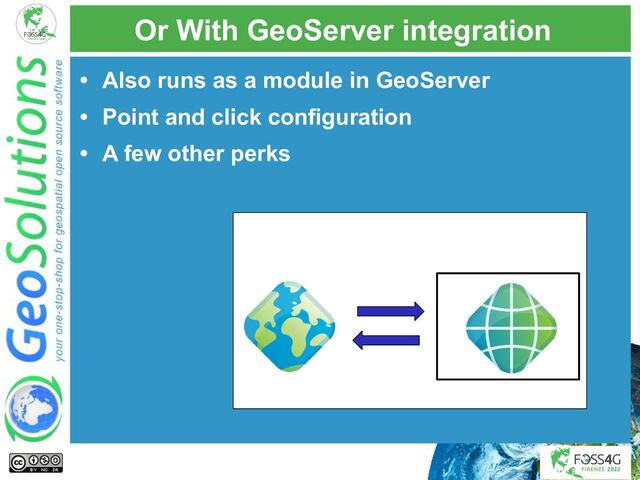 Or With GeoServer integration
• Also runs as a module in GeoServer
• Point and click configuration
• A few other perks
