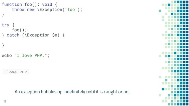 An exception bubbles up indefinitely until it is caught or not.
18
I love PHP.
function foo(): void {
throw new \Exception('foo');
}
try {
foo();
} catch (\Exception $e) {
}
echo "I love PHP.";
