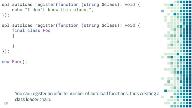 You can register an infinite number of autoload functions, thus creating a
class loader chain.
100
spl_autoload_register(function (string $class): void {
echo "I don't know this class.";
});
spl_autoload_register(function (string $class): void {
final class Foo
{
}
});
new Foo();
