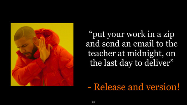 “put your work in a zip
and send an email to the
teacher at midnight, on
the last day to deliver”
- Release and version!
34

