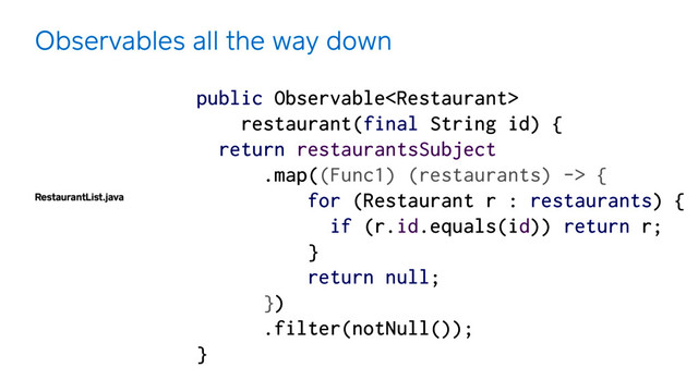 RestaurantList.java
Observables all the way down
public Observable
restaurant(final String id) { 
return restaurantsSubject 
.map((Func1) (restaurants) -> { 
for (Restaurant r : restaurants) { 
if (r.id.equals(id)) return r; 
} 
return null; 
})  
.filter(notNull()); 
}
