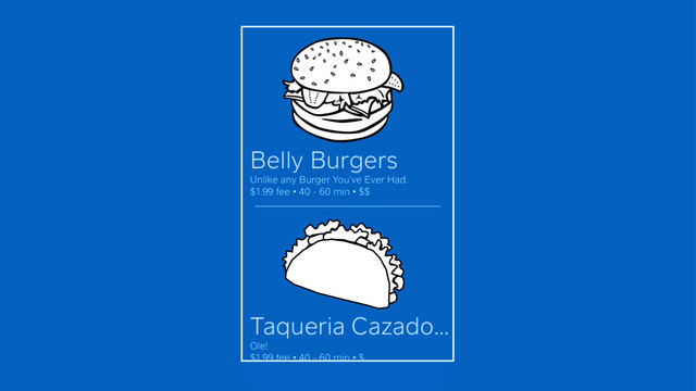 Belly Burgers
Unlike any Burger You’ve Ever Had.
$1.99 fee • 40 - 60 min • $$
Taqueria Cazado…
Ole!
$1.99 fee • 40 - 60 min • $
