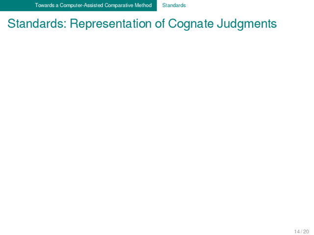 Towards a Computer-Assisted Comparative Method Standards
Standards: Representation of Cognate Judgments
14 / 20
