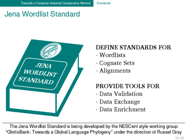 Towards a Computer-Assisted Comparative Method Standards
Jena Wordlist Standard
The Jena Wordlist Standard is being developed by the NESCent style working group
“GlottoBank: Towards a Global Language Phylogeny” under the direction of Russel Gray
JENA
WORDLIST
STANDARD
DEFINE STANDARDS FOR
- Wordlists
- Cognate Sets
- Alignments
PROVIDE TOOLS FOR
- Data Validation
- Data Exchange
- Data Enrichment
15 / 20
