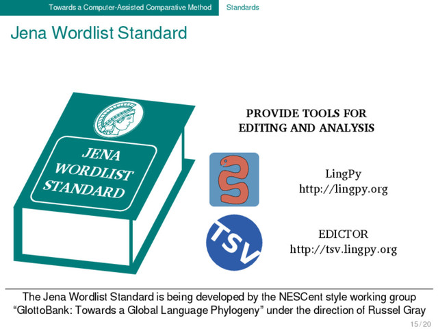Towards a Computer-Assisted Comparative Method Standards
Jena Wordlist Standard
The Jena Wordlist Standard is being developed by the NESCent style working group
“GlottoBank: Towards a Global Language Phylogeny” under the direction of Russel Gray
PROVIDE TOOLS FOR
EDITING AND ANALYSIS
LingPy
http://lingpy.org
TSV EDICTOR
http://tsv.lingpy.org
JENA
WORDLIST
STANDARD
15 / 20
