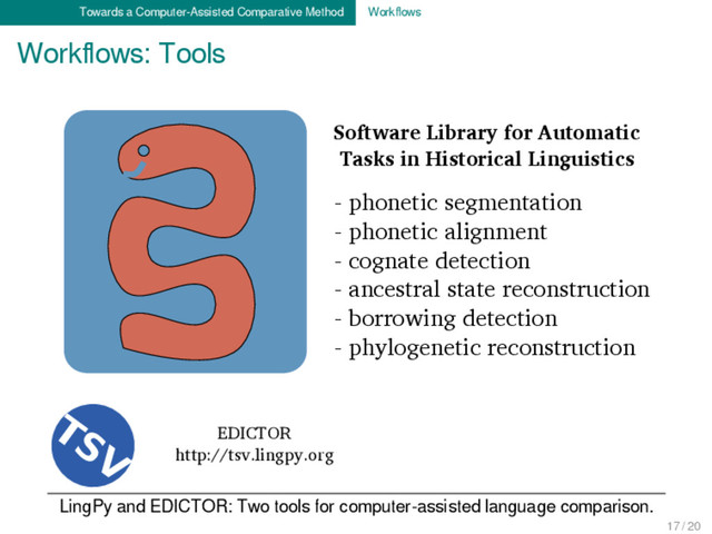 Towards a Computer-Assisted Comparative Method Workﬂows
Workﬂows: Tools
LingPy and EDICTOR: Two tools for computer-assisted language comparison.
TSV EDICTOR
http://tsv.lingpy.org
Software Library for Automatic
Tasks in Historical Linguistics
- phonetic segmentation
- phonetic alignment
- cognate detection
- ancestral state reconstruction
- borrowing detection
- phylogenetic reconstruction
17 / 20
