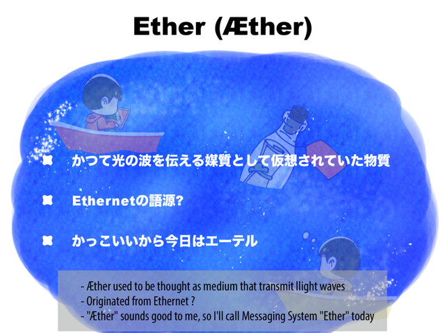 Ether (Æther)
͔ͭͯޫͷ೾Λ఻͑Δഔ࣭ͱͯ͠Ծ૝͞Ε͍ͯͨ෺࣭
Ethernetͷޠݯ?
͔͍͍͔ͬ͜Βࠓ೔͸Τʔςϧ
- Æther used to be thought as medium that transmit llight waves
- Originated from Ethernet ?
- "Æther" sounds good to me, so I'll call Messaging System "Ether" today

