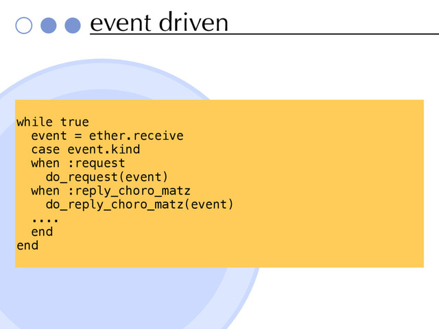 event driven
while true
event = ether.receive
case event.kind
when :request
do_request(event)
when :reply_choro_matz
do_reply_choro_matz(event)
....
end
end
