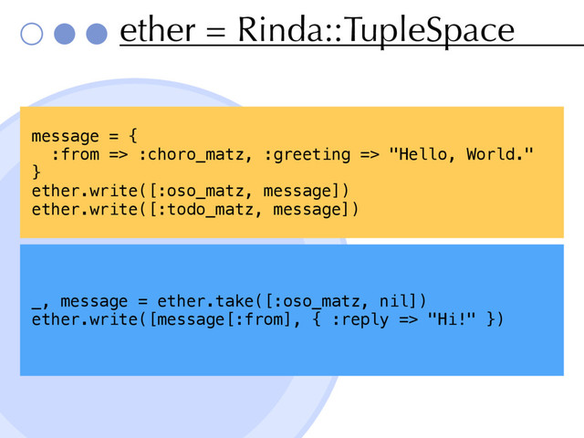 ether = Rinda::TupleSpace
_, message = ether.take([:oso_matz, nil])
ether.write([message[:from], { :reply => "Hi!" })
message = {
:from => :choro_matz, :greeting => "Hello, World."
}
ether.write([:oso_matz, message])
ether.write([:todo_matz, message])
