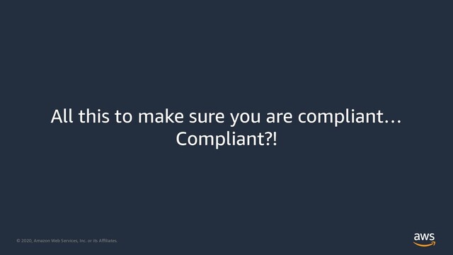 © 2020, Amazon Web Services, Inc. or its Aﬃliates.
All this to make sure you are compliant…
Compliant?!
