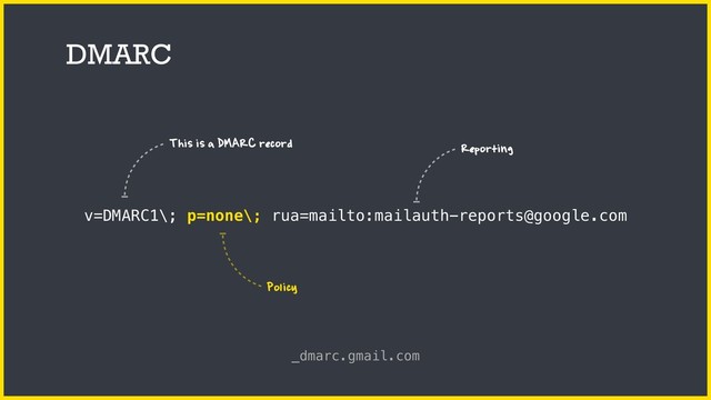 DMARC
v=DMARC1\; p=none\; rua=mailto:mailauth-reports@google.com
_dmarc.gmail.com
This is a DMARC record Reporting
Policy
