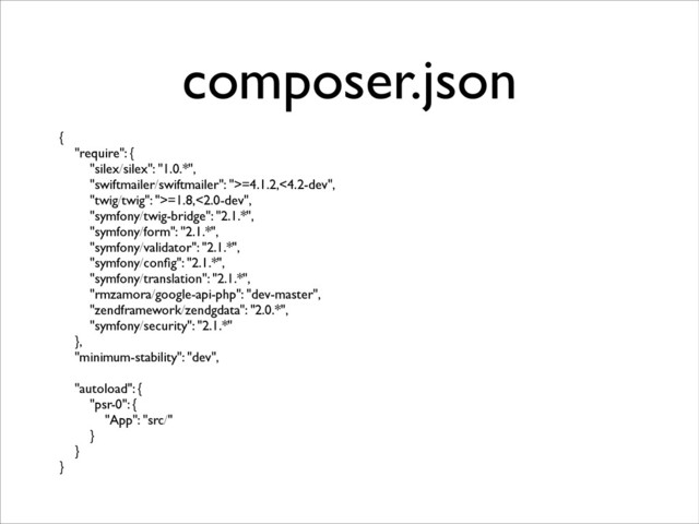 composer.json
{	

"require": {	

"silex/silex": "1.0.*",	

"swiftmailer/swiftmailer": ">=4.1.2,<4.2-dev",	

"twig/twig": ">=1.8,<2.0-dev",	

"symfony/twig-bridge": "2.1.*",	

"symfony/form": "2.1.*",	

"symfony/validator": "2.1.*",	

"symfony/conﬁg": "2.1.*",	

"symfony/translation": "2.1.*",	

"rmzamora/google-api-php": "dev-master",	

"zendframework/zendgdata": "2.0.*",	

"symfony/security": "2.1.*"	

},	

"minimum-stability": "dev",	

!
"autoload": {	

"psr-0": {	

"App": "src/"	

}	

}	

}
