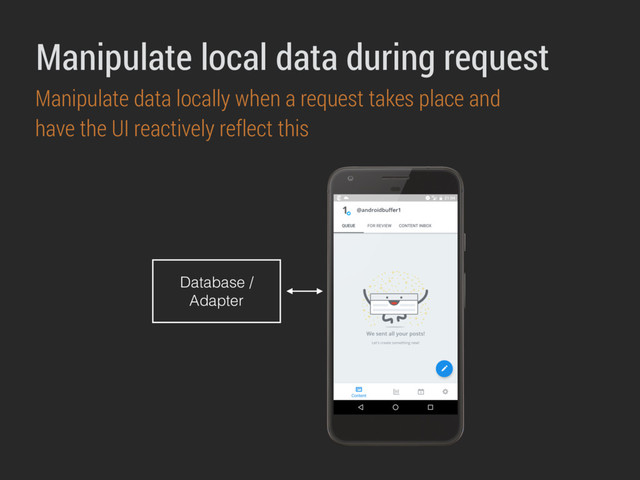 Manipulate local data during request
Manipulate data locally when a request takes place and
have the UI reactively reflect this
Database /
Adapter
