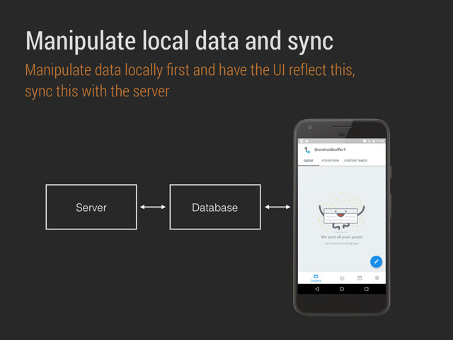 Manipulate local data and sync
Manipulate data locally ﬁrst and have the UI reflect this,
sync this with the server
Server Database

