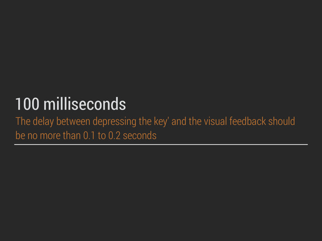 100 milliseconds
The delay between depressing the key' and the visual feedback should
be no more than 0.1 to 0.2 seconds
