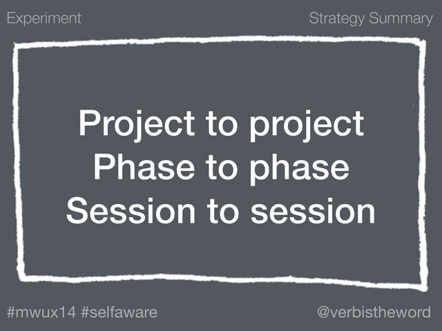 Strategy Summary
#mwux14 #selfaware @verbistheword
Project to project
Phase to phase
Session to session
Experiment
