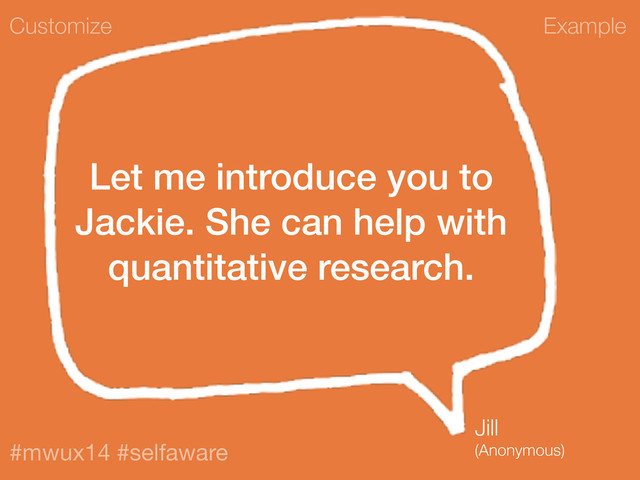 Example
#mwux14 #selfaware
Let me introduce you to
Jackie. She can help with
quantitative research.
Customize
Jill
(Anonymous)
