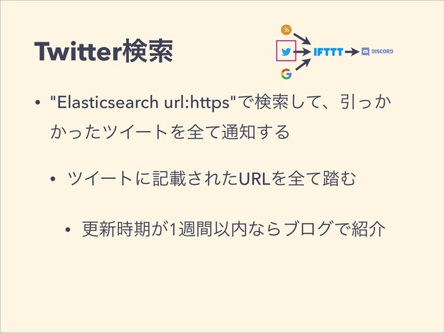 Twitterݕࡧ
• "Elasticsearch url:https"Ͱݕࡧͯ͠ɺҾ͔ͬ
͔ͬͨπΠʔτΛશͯ௨஌͢Δ
• πΠʔτʹهࡌ͞ΕͨURLΛશͯ౿Ή
• ߋ৽࣌ظ͕1िؒҎ಺ͳΒϒϩάͰ঺հ
