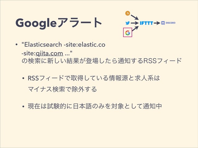 GoogleΞϥʔτ
• "Elasticsearch -site:elastic.co  
-site:qiita.com ..." 
ͷݕࡧʹ৽͍݁͠Ռ͕ొ৔ͨ͠Β௨஌͢Δ344ϑΟʔυ
• RSSϑΟʔυͰऔಘ͍ͯ͠Δ৘ใݯͱٻਓܥ͸ 
ϚΠφεݕࡧͰআ֎͢Δ
• ݱࡏ͸ࢼݧతʹ೔ຊޠͷΈΛର৅ͱͯ͠௨஌த 
