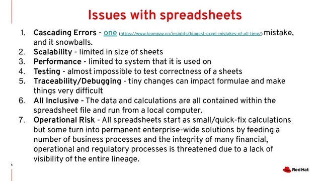 5
Issues with spreadsheets
1. Cascading Errors - one (https://www.teampay.co/insights/biggest-excel-mistakes-of-all-time/)
mistake,
and it snowballs.
2. Scalability - limited in size of sheets
3. Performance - limited to system that it is used on
4. Testing - almost impossible to test correctness of a sheets
5. Traceability/Debugging - tiny changes can impact formulae and make
things very difﬁcult
6. All Inclusive - The data and calculations are all contained within the
spreadsheet ﬁle and run from a local computer.
7. Operational Risk - All spreadsheets start as small/quick-ﬁx calculations
but some turn into permanent enterprise-wide solutions by feeding a
number of business processes and the integrity of many ﬁnancial,
operational and regulatory processes is threatened due to a lack of
visibility of the entire lineage.
