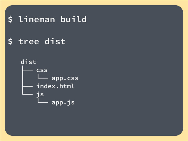 !
$ lineman build
!
$ tree dist
!
dist
├── css
│ └── app.css
├── index.html
└── js
└── app.js
