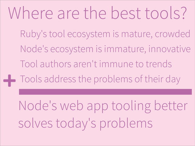 Ruby's tool ecosystem is mature, crowded
Node's ecosystem is immature, innovative
Tool authors aren't immune to trends
Tools address the problems of their day
Node's web app tooling better
solves today's problems
Where are the best tools?
