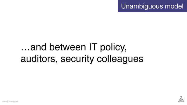…and between IT policy,
auditors, security colleagues
Gareth Rushgrove
Unambiguous model
