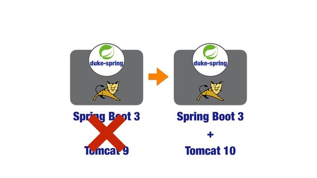 Spring Boot 3
+
Tomcat 9
duke-spring
Spring Boot 3
+
Tomcat 10
duke-spring
