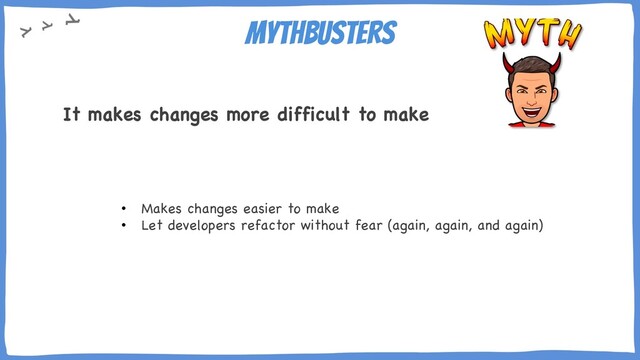 Mythbusters
• Makes changes easier to make
• Let developers refactor without fear (again, again, and again)
It makes changes more difficult to make
