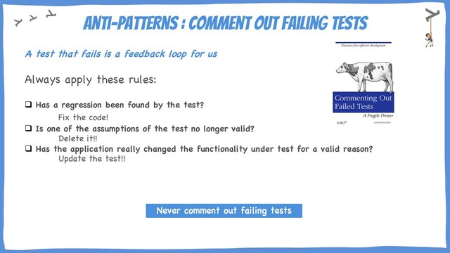 Anti-Patterns : Comment out failing tests
A test that fails is a feedback loop for us
Always apply these rules:
q Has a regression been found by the test?
Fix the code!
q Is one of the assumptions of the test no longer valid?
Delete it!!
q Has the application really changed the functionality under test for a valid reason?
Update the test!!
Never comment out failing tests
