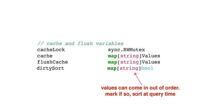 // cache and flush variables
cacheLock sync.RWMutex
cache map[string]Values
flushCache map[string]Values
dirtySort map[string]bool
values can come in out of order.
mark if so, sort at query time
