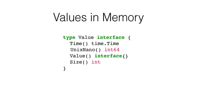 Values in Memory
type Value interface {
Time() time.Time
UnixNano() int64
Value() interface{}
Size() int
}
