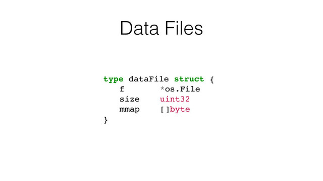 Data Files
type dataFile struct {
f *os.File
size uint32
mmap []byte
}
