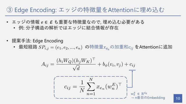 ③ Edge Encoding: エッジの特徴量をAttentionに埋め込む
10
• エッジの情報 𝑒 ∈ 𝓔 も重要な特徴量なので, 埋め込む必要がある
• 例: 分⼦構造の解析ではエッジに結合情報が存在
• 提案⼿法: Edge Encoding
• 最短経路 の特徴量𝑥+!
の加重和𝑐!)
をAttentionに追加
𝑤"
# ∈ ℝ$!
→ n番⽬のEmbedding
