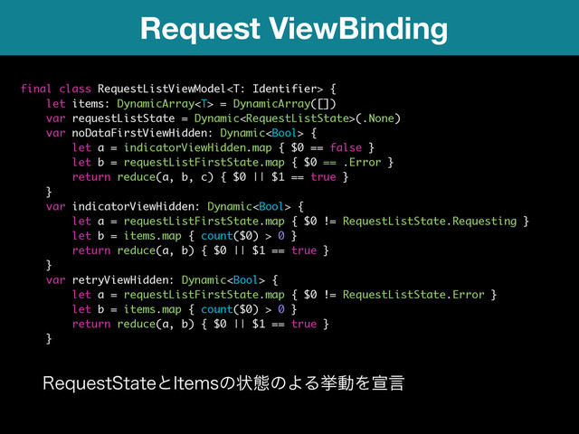 Request ViewBinding
final class RequestListViewModel {
let items: DynamicArray = DynamicArray([])
var requestListState = Dynamic(.None)
var noDataFirstViewHidden: Dynamic {
let a = indicatorViewHidden.map { $0 == false }
let b = requestListFirstState.map { $0 == .Error }
return reduce(a, b, c) { $0 || $1 == true }
}
var indicatorViewHidden: Dynamic {
let a = requestListFirstState.map { $0 != RequestListState.Requesting }
let b = items.map { count($0) > 0 }
return reduce(a, b) { $0 || $1 == true }
}
var retryViewHidden: Dynamic {
let a = requestListFirstState.map { $0 != RequestListState.Error }
let b = items.map { count($0) > 0 }
return reduce(a, b) { $0 || $1 == true }
}
3FRVFTU4UBUFͱ*UFNTͷঢ়ଶͷΑΔڍಈΛએݴ 
