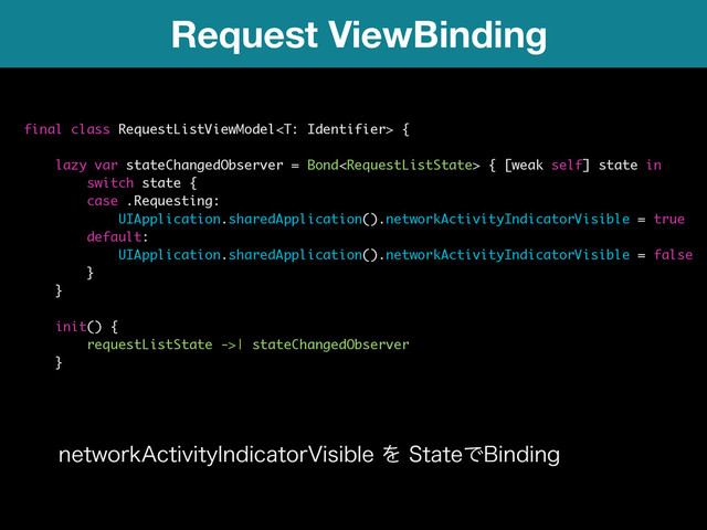 Request ViewBinding
final class RequestListViewModel {
lazy var stateChangedObserver = Bond { [weak self] state in
switch state {
case .Requesting:
UIApplication.sharedApplication().networkActivityIndicatorVisible = true
default:
UIApplication.sharedApplication().networkActivityIndicatorVisible = false
}
}
init() {
requestListState ->| stateChangedObserver
}
OFUXPSL"DUJWJUZ*OEJDBUPS7JTJCMFΛ4UBUFͰ#JOEJOH
