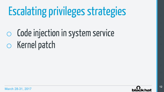 March 28-31, 2017
Escalating privileges strategies
o  Code injection in system service
o  Kernel patch
1
2
3
4
5
6
7
8
9
10
11
12

