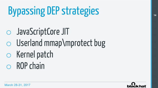 March 28-31, 2017
Bypassing DEP strategies
o  JavaScriptCore JIT
o  Userland mmap\mprotect bug
o  Kernel patch
o  ROP chain
13
14
15
16
17
18
19
20
21
22
23
24
