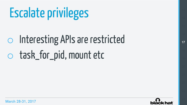 March 28-31, 2017
Escalate privileges
o  Interesting APIs are restricted
o  task_for_pid, mount etc
13
14
15
16
17
18
19
20
21
22
23
24

