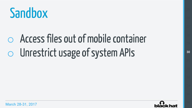 March 28-31, 2017
Sandbox
o  Access files out of mobile container
o  Unrestrict usage of system APIs
25
26
27
28
29
30
31
32
33
34
35
36
