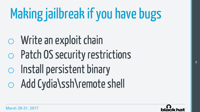 March 28-31, 2017
1
2
3
4
5
6
7
8
9
10
11
12
Making jailbreak if you have bugs
o  Write an exploit chain
o  Patch OS security restrictions
o  Install persistent binary
o  Add Cydia\ssh\remote shell
