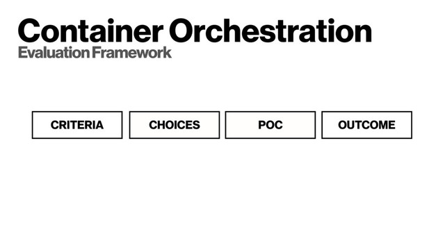 CHOICES POC
CRITERIA OUTCOME
Container Orchestration
Evaluation Framework
