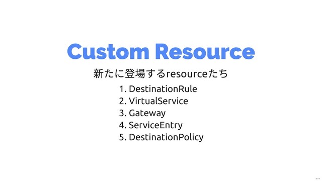 Custom Resource
新たに登場するresource
たち
1. DestinationRule
2. VirtualService
3. Gateway
4. ServiceEntry
5. DestinationPolicy
13 / 19
