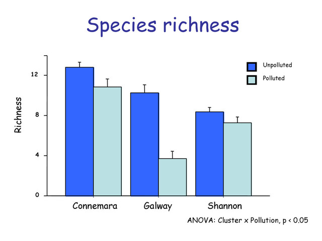 0
4
8
12
Richness
Connemara Galway Shannon
Polluted
Unpolluted
Species richness
ANOVA: Cluster x Pollution, p < 0.05
