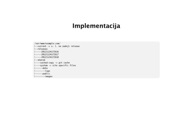 Implementacija
/var/www/example.com/
|--current -> s. l. na zadnji release
|--releases
|-----20121124172616
|-----20121124172617
|-----20121124172618
|--shared
|----cached-copy -> git cache
|----system -> site specific files
|------data
|--------logs
|------public
|--------images
